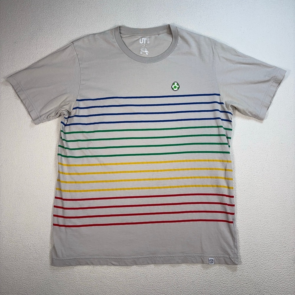 Uniqlo Super Mario Yoshi Egg T-Shirt Men's M Beige Gray Stripe Nintendo 419658